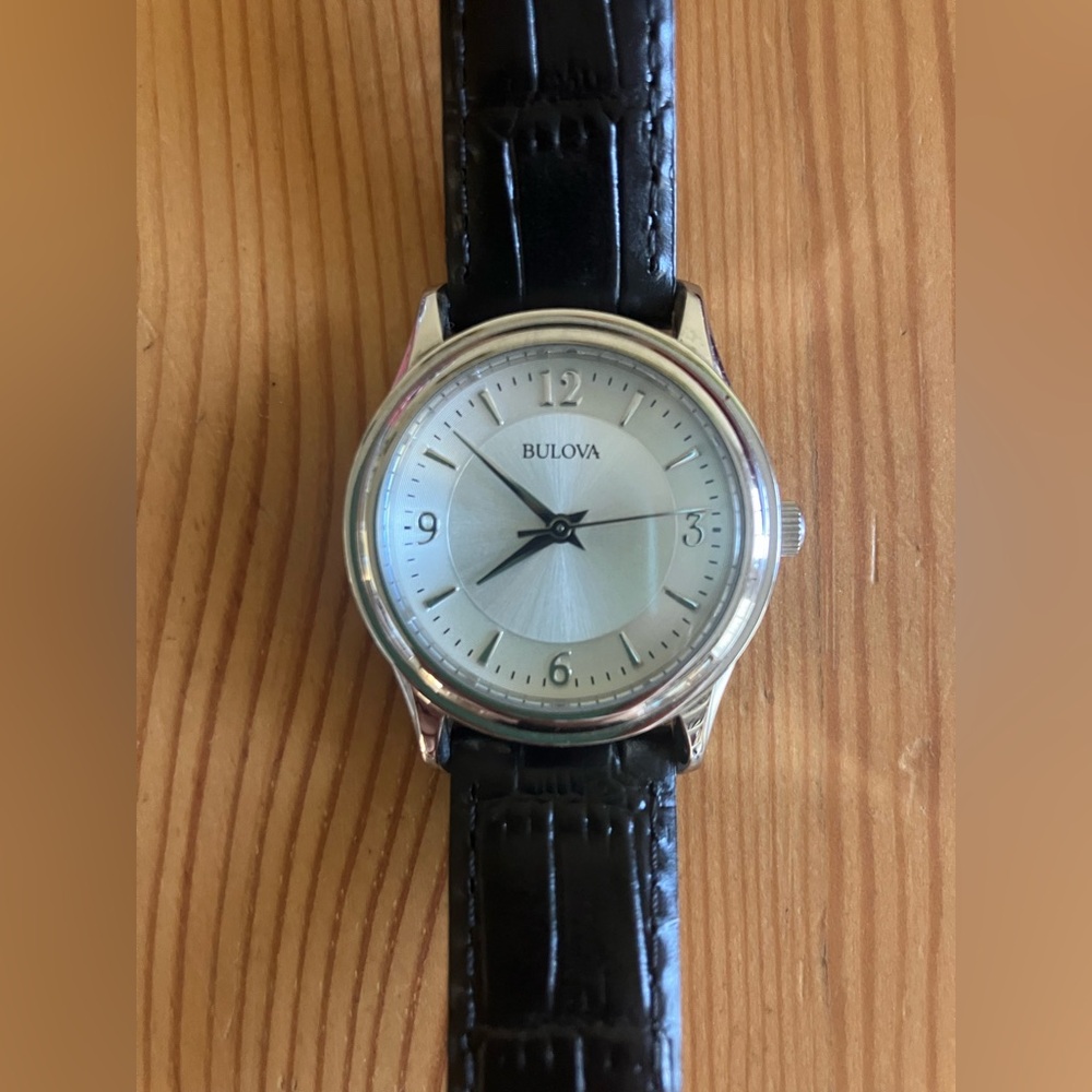 Bulova Women's Wrist Watch Silver Stainless Steel Black Leather Strap Band